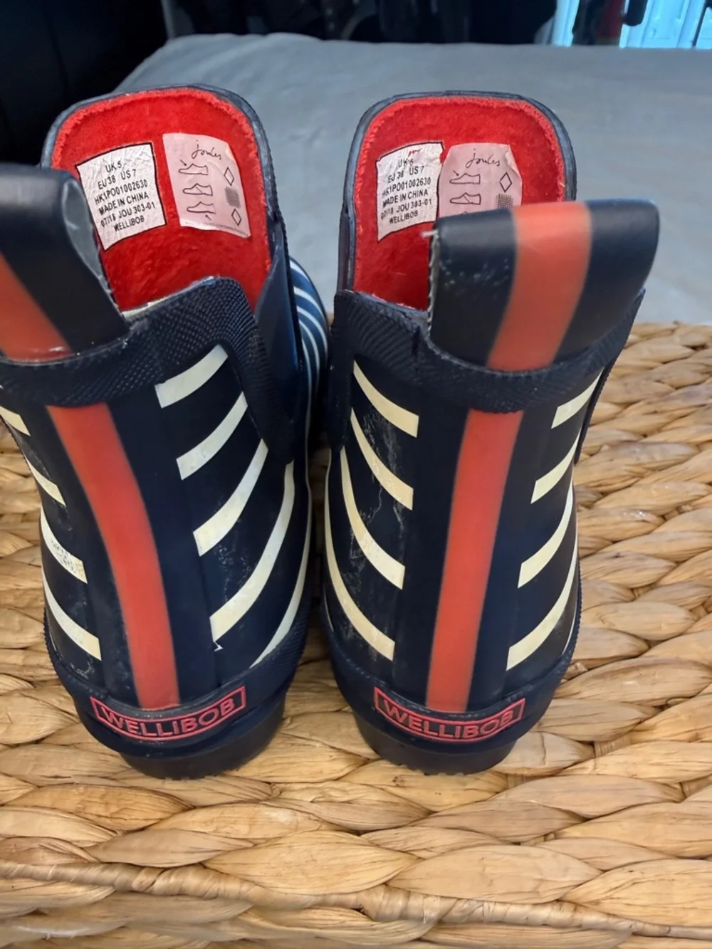 Joules Wellibob Navy White Striped Ankle Rain Boots Women's Size 7 Waterproof